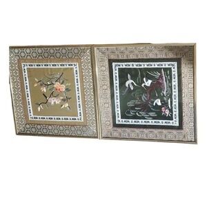 Vintage Framed Asian Silk Embroidered Wall Art Pair Birds Flowers Wall Decor